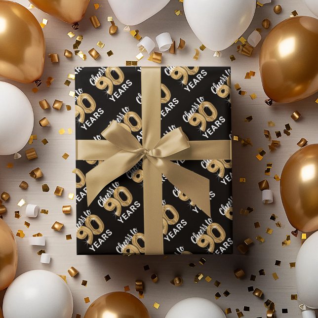 Black Gold Cheers to 90 Years Birthday Wrapping Paper Sheet (Creator Uploaded)