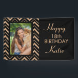 Black Gold Chevron 18th Birthday Party  Photo Banner<br><div class="desc">Elegant and glamourous 18th birthday party photo banner with black and gold glitter chevron.  Personalise with a photo,  the name of the guest of honour,  and their age.  Customisable for any age.</div>