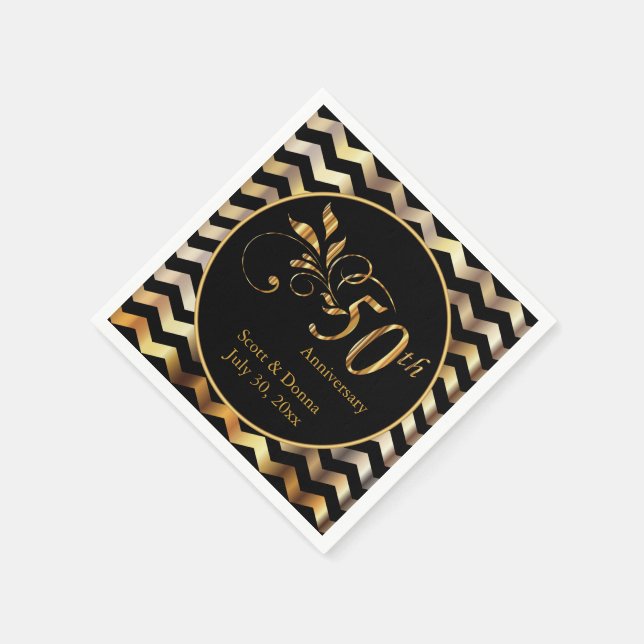 Black & Gold Chevron 50th Wedding Anniversary Napkin (Corner)
