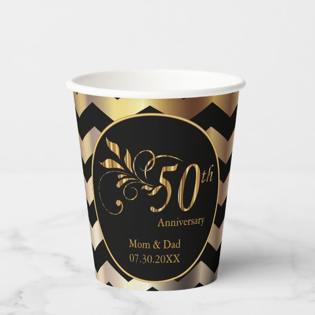 Black & Gold Chevron 50th Wedding Anniversary Paper Cups (Front)