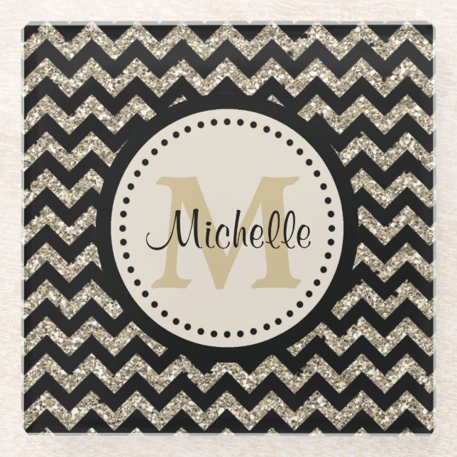 Black Gold Chevron Monogram Glass Coaster (Front)