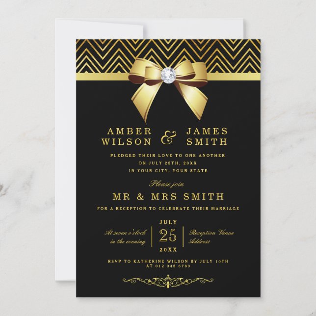 Black Gold Chevrons Bow Wedding Reception Only Invitation (Front)