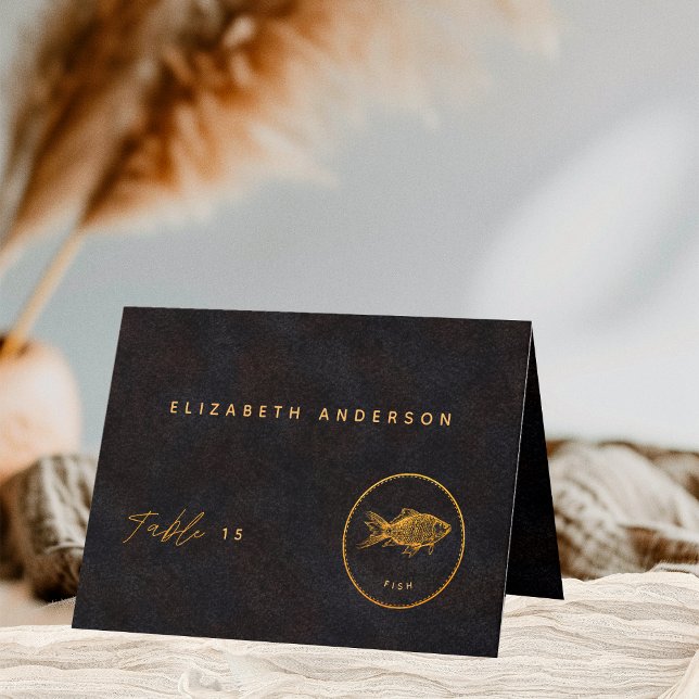 Black Gold Chic Fish Meal Choice Guest Name Card  (Creator Uploaded)