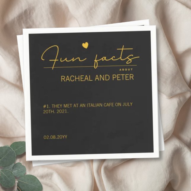 Black Gold Chic Modern Fun Facts Script Wedding Napkin (Creator Uploaded)