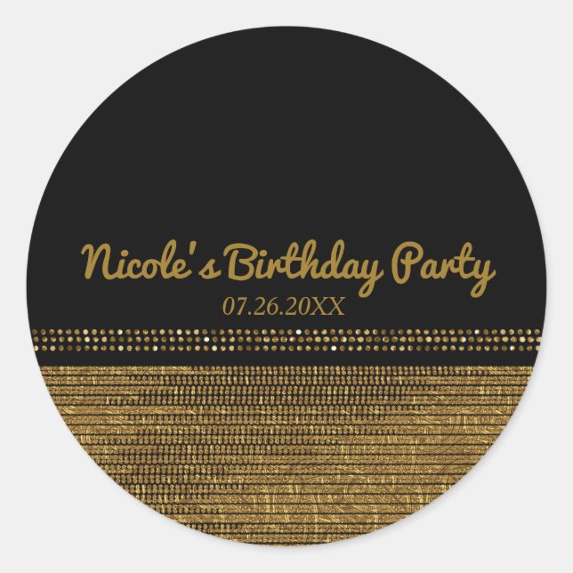 Black & Gold Chic Sparkling Glam Party Favour Classic Round Sticker (Front)