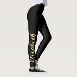 Black Gold Chic Stylish Custom Name Workout Sports Leggings<br><div class="desc">Custom, personalised, beautiful, elegant faux gold on black typography script, cool, chic, stylish, modern, trendy, breatheable, hand sewn, womens full length fashion travel party workout sports yoga gym running leggings pants, that stretches to fit your body, hugs in all the right places, bounces back after washing, and doesn't lose their...</div>