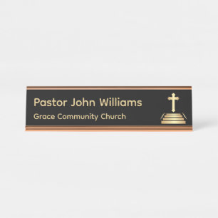 Black / Gold Christian Cross Church Desk Name Plate