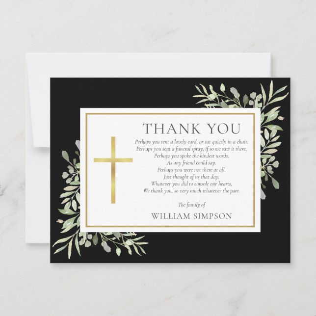 Black Gold Christian Funeral Greenery Poem Thank You Card (Front)