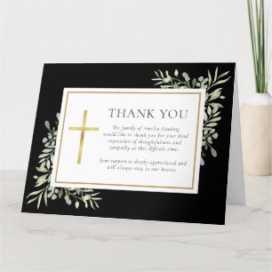 Black Gold Christian Funeral Watercolor Greenery Thank You Card