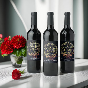Black & Gold Christmas & Happy New Year Typography Wine Label
