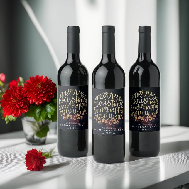 Black & Gold Christmas & Happy New Year Typography Wine Label (Creator Uploaded)