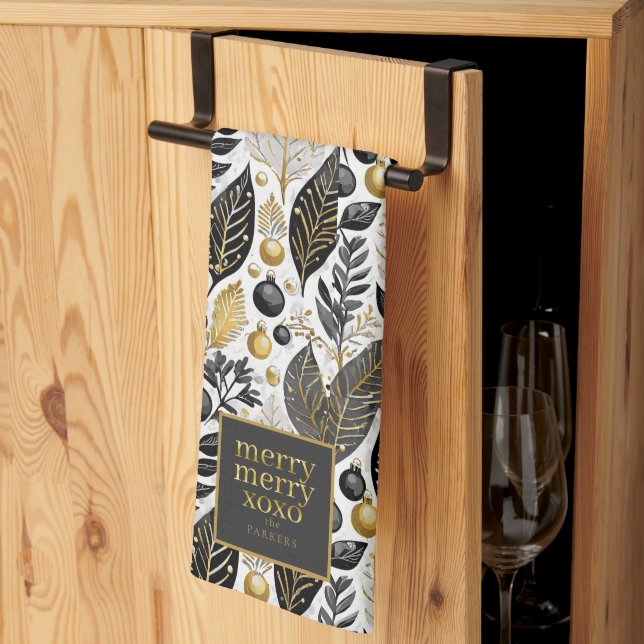Black Gold Christmas Merry Pattern#21 ID1009 Tea Towel (Thirds Fold)