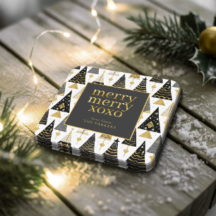 Black Gold Christmas Merry Pattern#25 ID1009 Square Paper Coaster