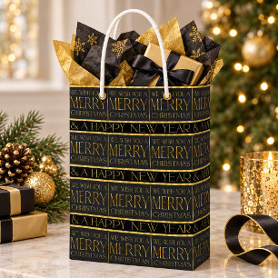 Black Gold Christmas Pattern#35b ID1009 Medium Gift Bag