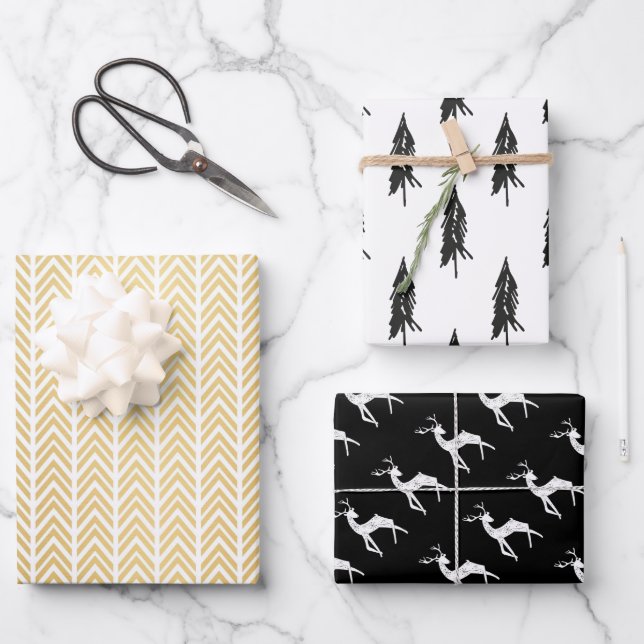 Black & Gold Christmas Reindeer Evergreen Trees Wrapping Paper Sheet (Front)