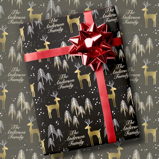 Black & Gold Christmas Reindeer Personalised Name Wrapping Paper (Creator Uploaded)