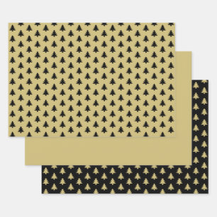 Black/Gold Christmas Tree Iconic Pattern Wrapping Paper Sheet