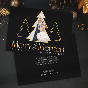 Black & Gold Christmas Tree Newlywed Photo Holiday Card