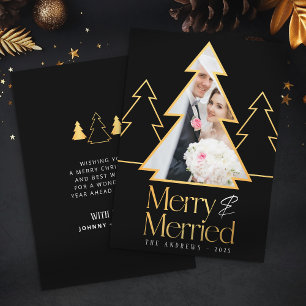 Black & Gold Christmas Tree Newlywed Photo Holiday Card