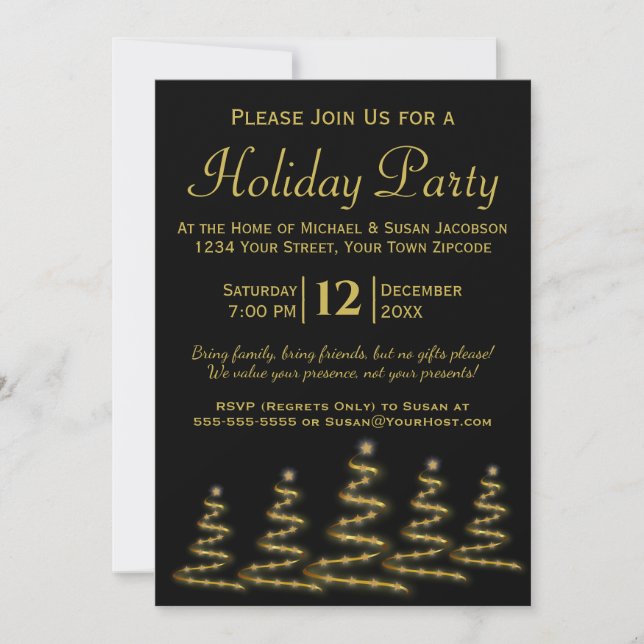 Black & Gold Christmas Trees Holiday Party Invitation (Front)