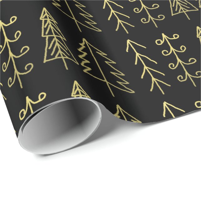 Black Gold Christmas Trees Pattern Modern Wrapping Paper (Roll Corner)