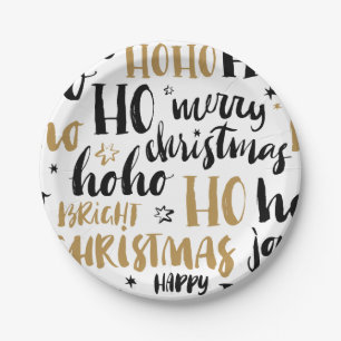 Black & Gold Christmas Word Text Art Cute Aestheti Paper Plate