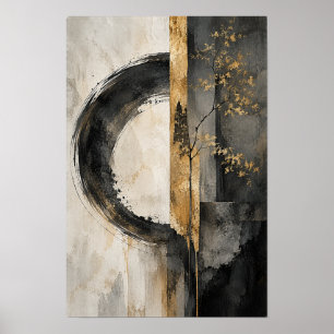 Black Gold Circle and Botanical Branch Abstract Wa Poster