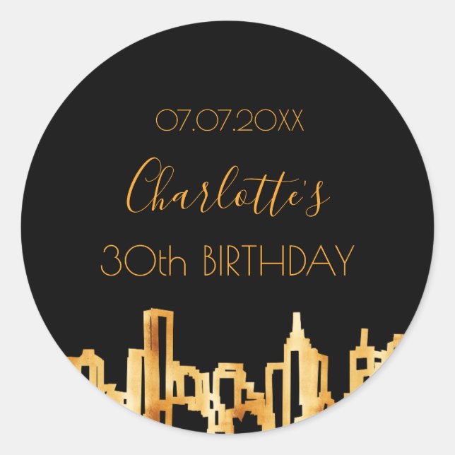 Black gold city skyline modern birthday party classic round sticker (Front)