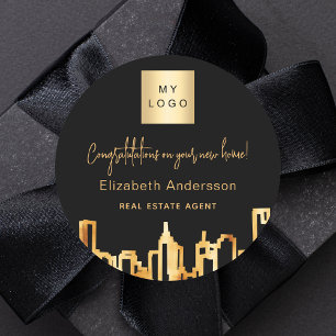 Black gold city skyline real estate agent logo classic round sticker