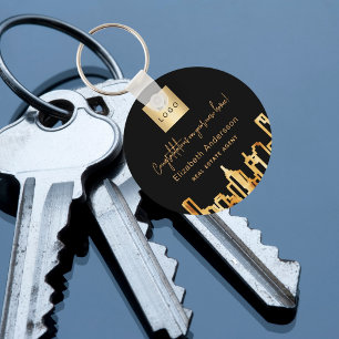 Black gold city skyline real estate agent logo key ring