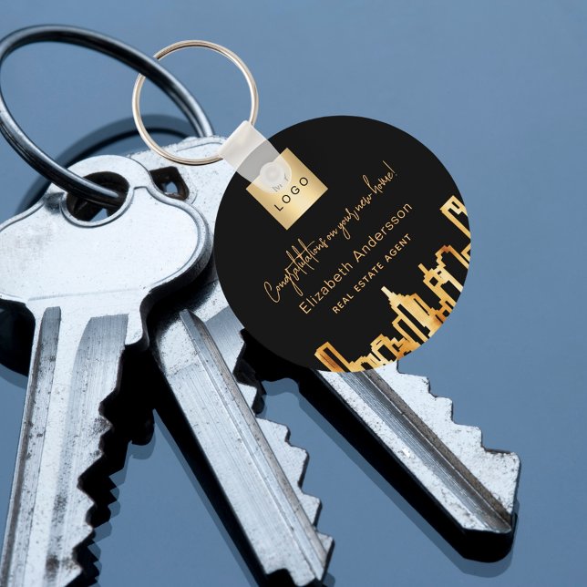 Black gold city skyline real estate agent logo key ring (Creator Uploaded)