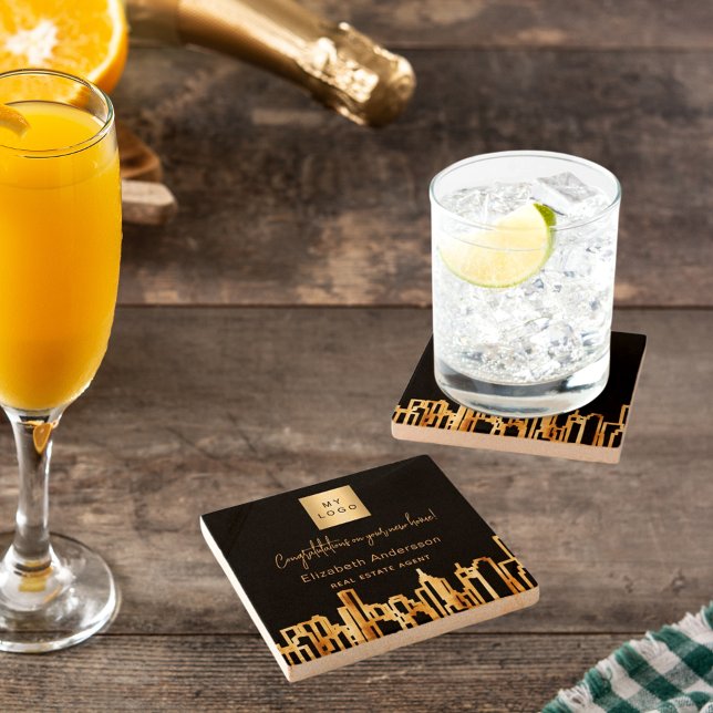 Black gold city skyline real estate agent logo stone coaster (Creator Uploaded)
