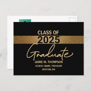 Black Gold Class of 2025 Graduation Photo Postcard