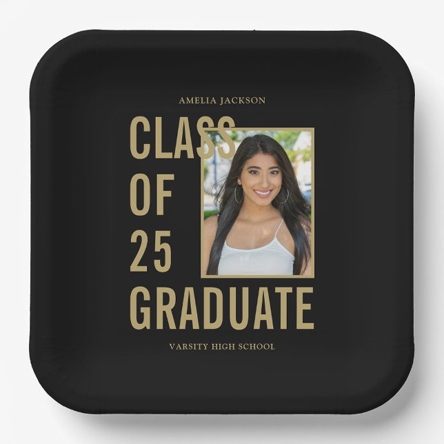 Black & Gold Class Of 2025 Photo Graduation Party Paper Plate (Creator Uploaded)