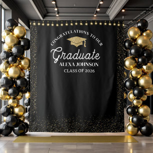 Black & Gold Class Of 2026 Graduation Backdrop Tapestry