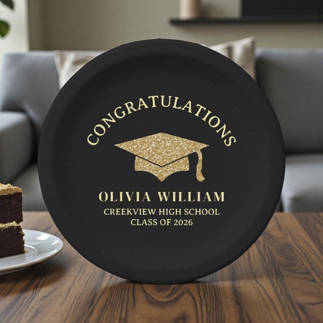 Black & Gold Class Of 2026 Graduation Party Paper Plate (Creator Uploaded)