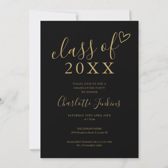 Black Gold Class of Script Heart Graduation Party Invitation (Front)