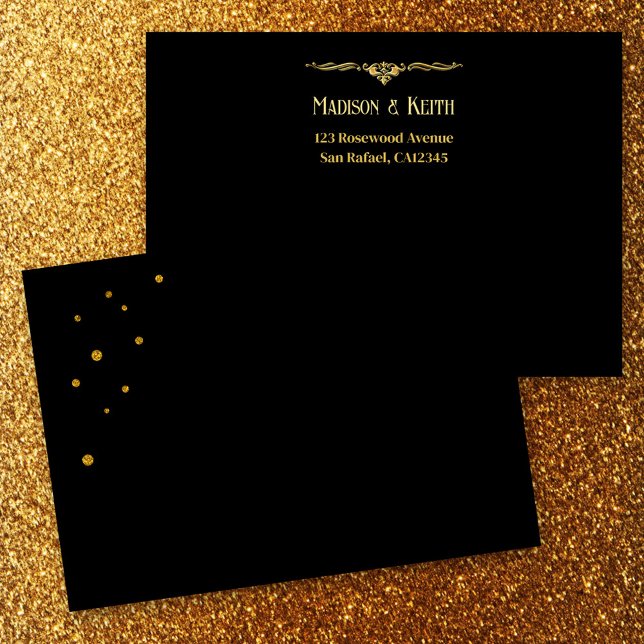 Black Gold Classic Confetti Wedding Envelope (Classic black wedding envelope with gold confetti sparkles and a gold ornament image on the back)
