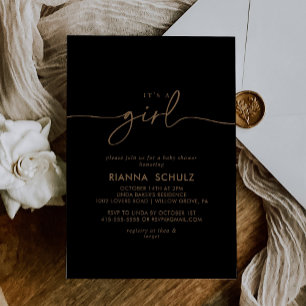 Black Gold Classic It's A Girl Baby Shower Invitation
