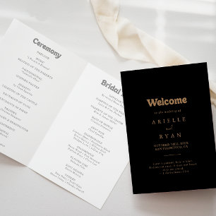 Black Gold Classic Minimal Folded Wedding Programme