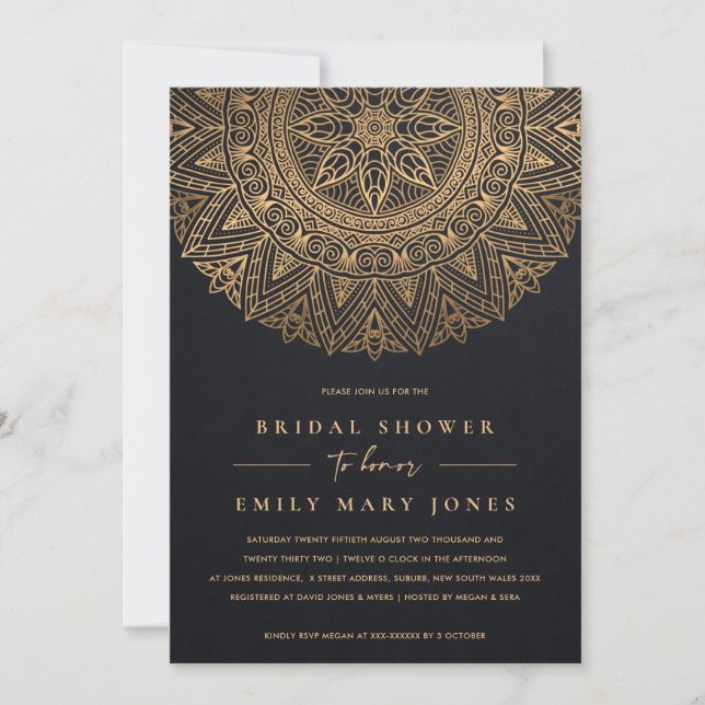 BLACK GOLD CLASSIC ORNATE MANDALA BRIDAL SHOWER INVITATION (Front)
