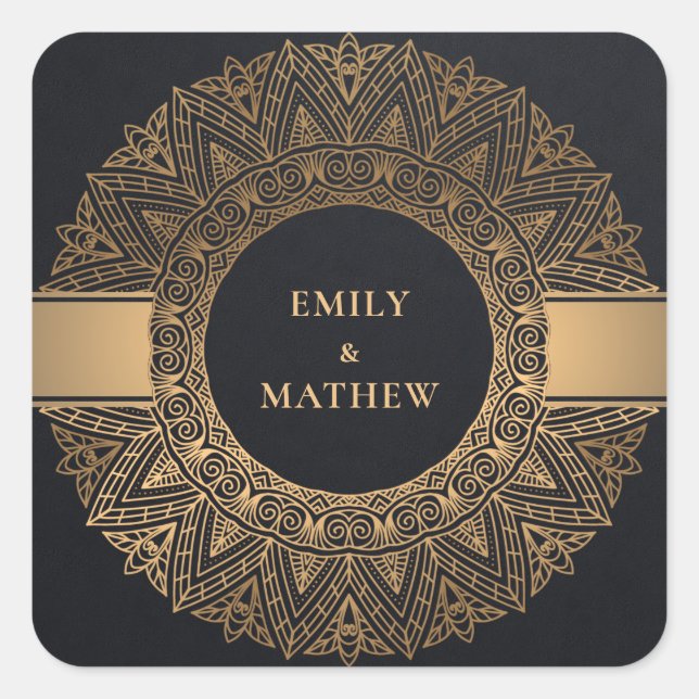BLACK GOLD CLASSIC ORNATE MANDALA WEDDING SQUARE STICKER (Front)