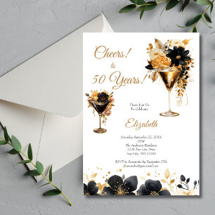 Black Gold Cocktails Drinks Florals 50th Birthday Invitation