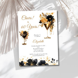 Black Gold Cocktails Drinks Florals 60th Birthday Invitation