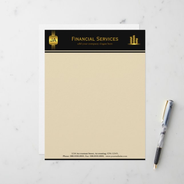 Black Gold Coins Accountant Business Letterhead Design (Front/Back In Situ)