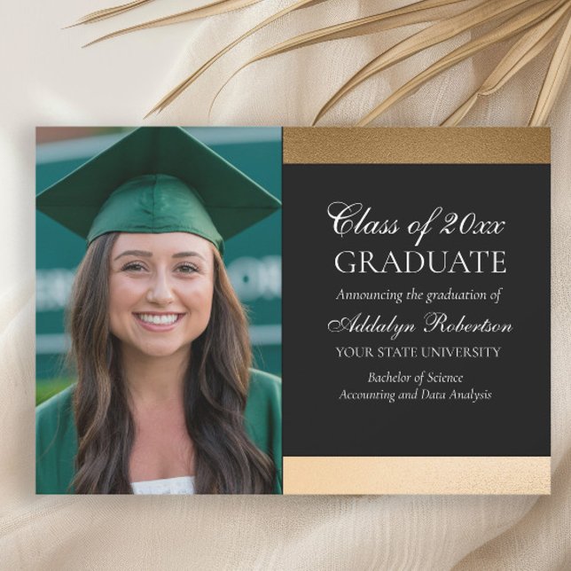 Black Gold College University Photo Graduation Announcement (Black and gold graduation photo announcement)