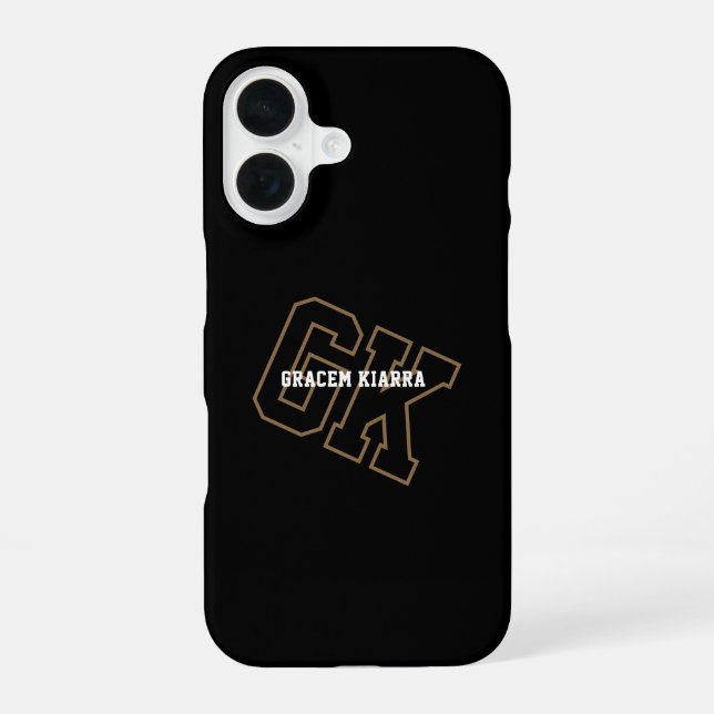 Black Gold College Varsity Monogram Initials iPhone 16 Case (Back)