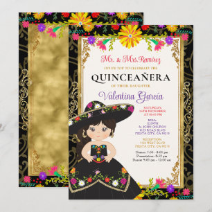 Black Gold Colorful Floral Birthday Quinceañera Invitation