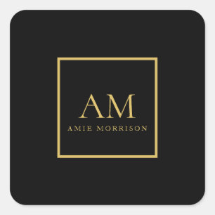 Black Gold Colors Monogram Initial Letter Name Square Sticker