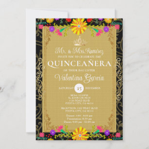 Black Gold Colourful Floral Birthday Quinceañera Invitation